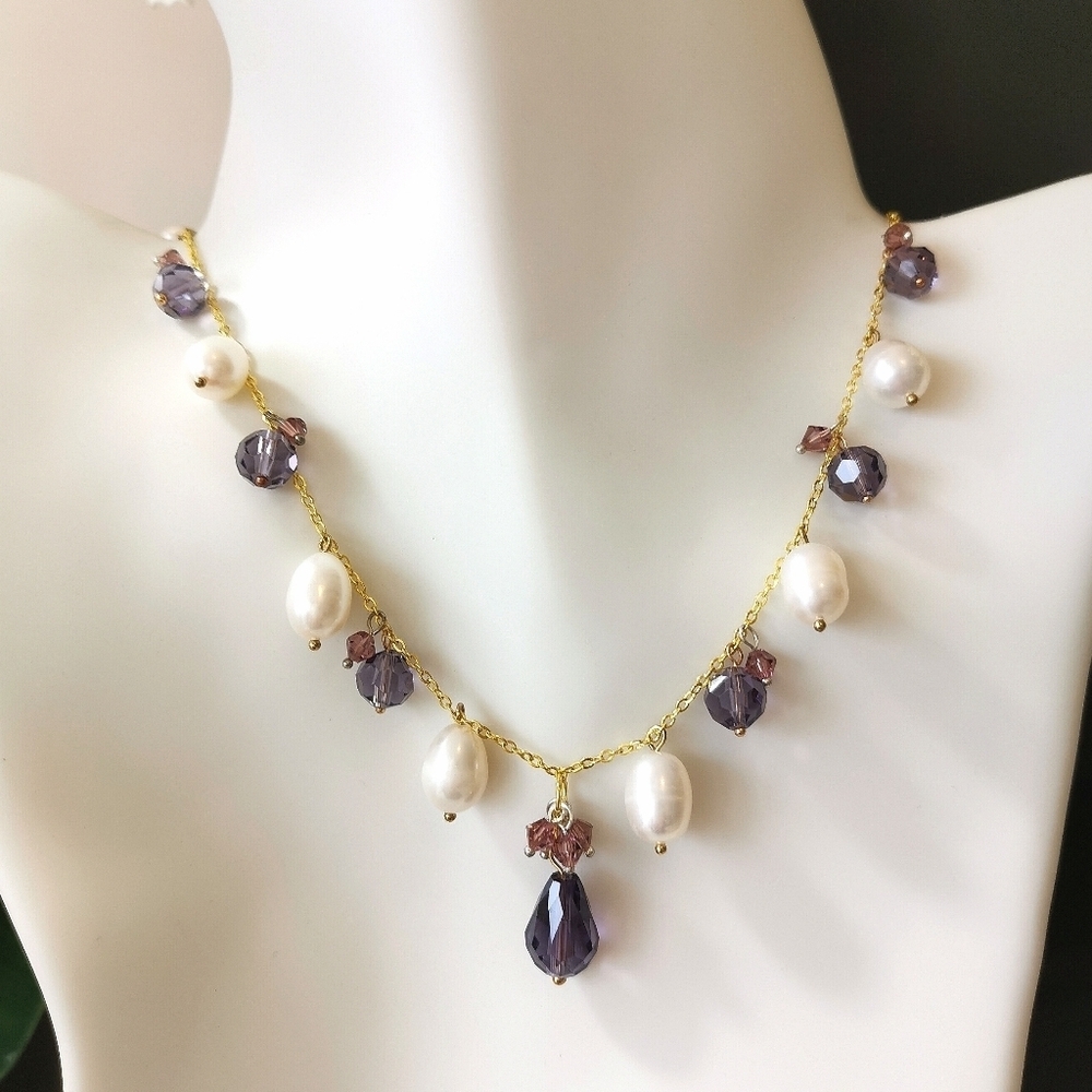 White Freshwater Pearl Purple Crystal Droplet Necklace 🆕